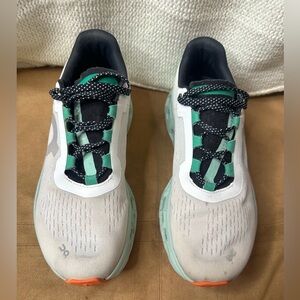 ON CloudMonster White Teal Green Orange Running Shoes in women's size 9